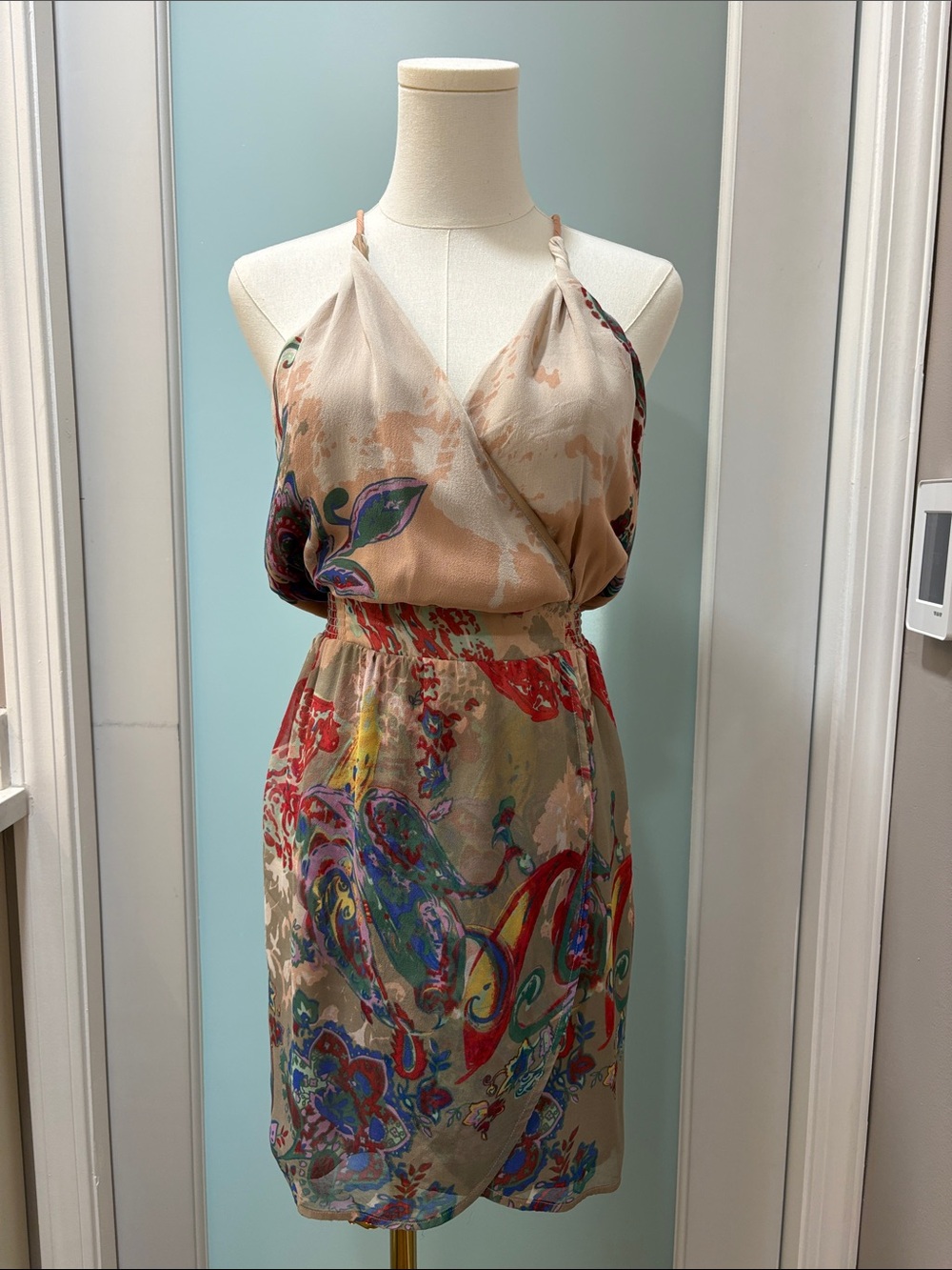 Sleeveless Printed Racerback Dress in Beige and Multicolor